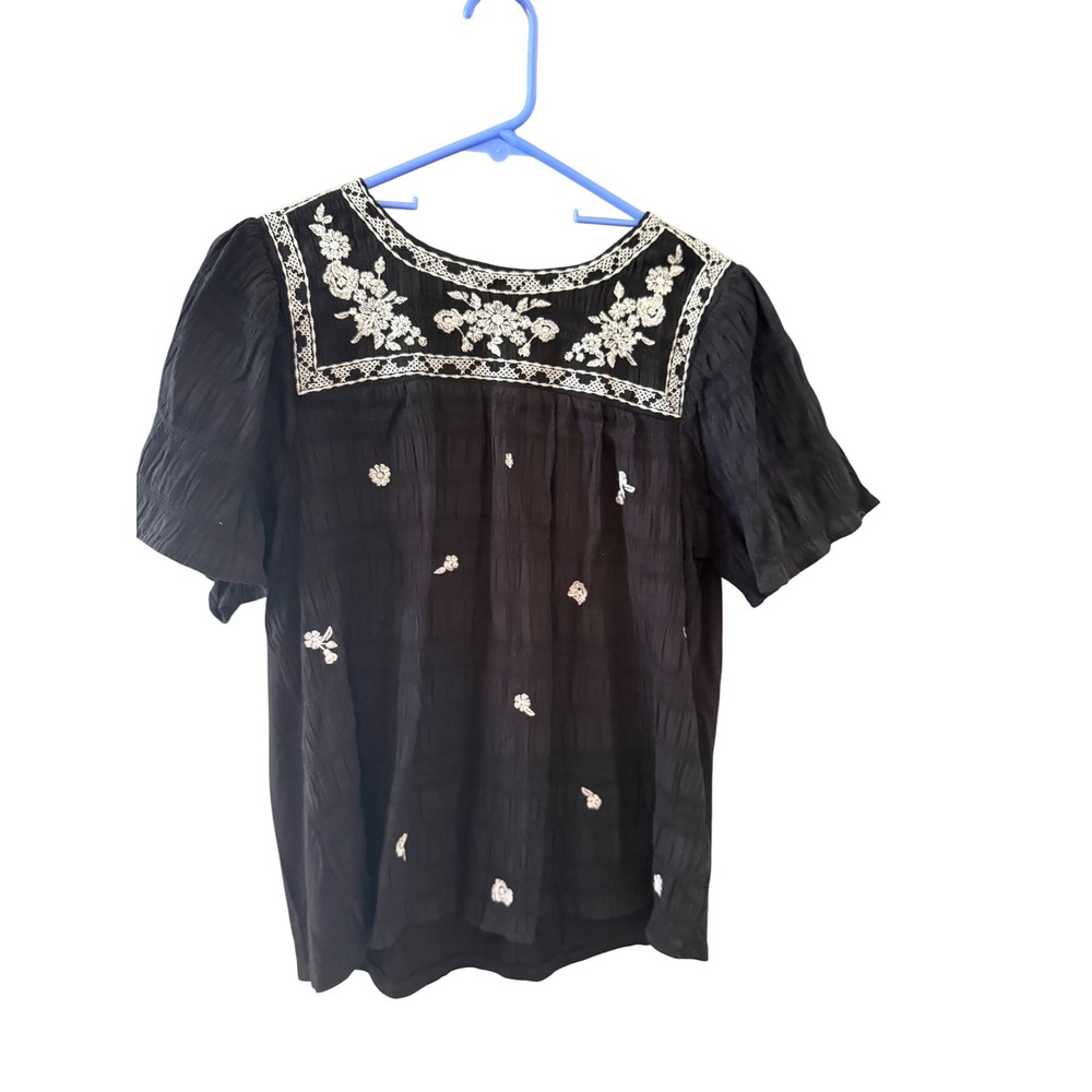 Knox Rose Womens Black Floral Embroidered Peasant Top Short Sleeve Smocked Small